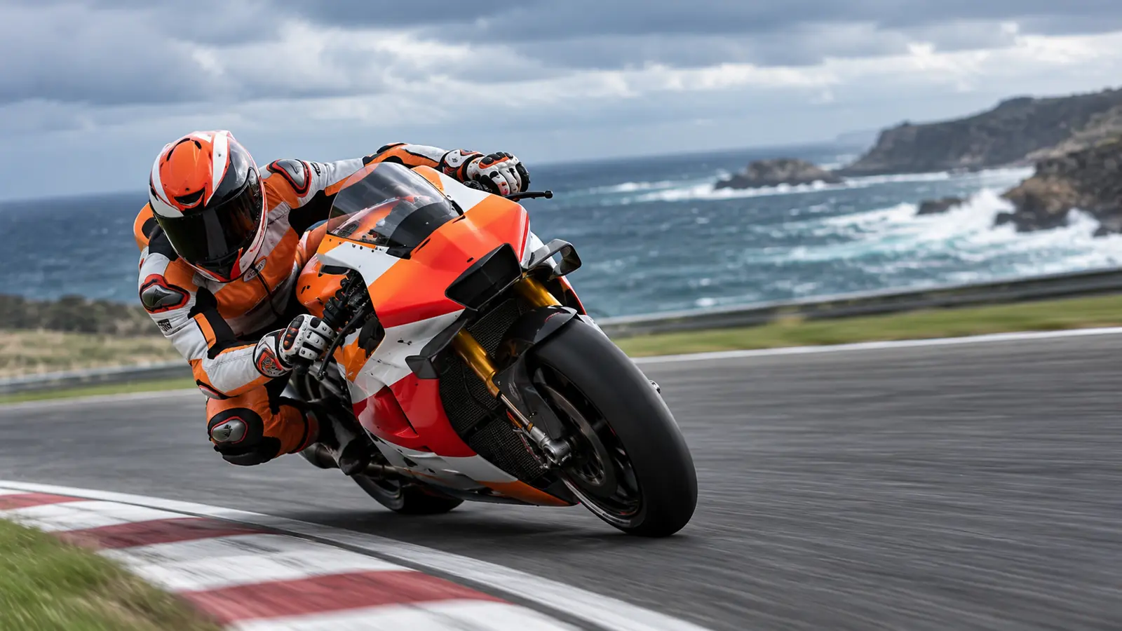 Piloto de MotoGP con mono naranja y blanco traza una curva rápida en un circuito costero con viento, como Phillip Island
