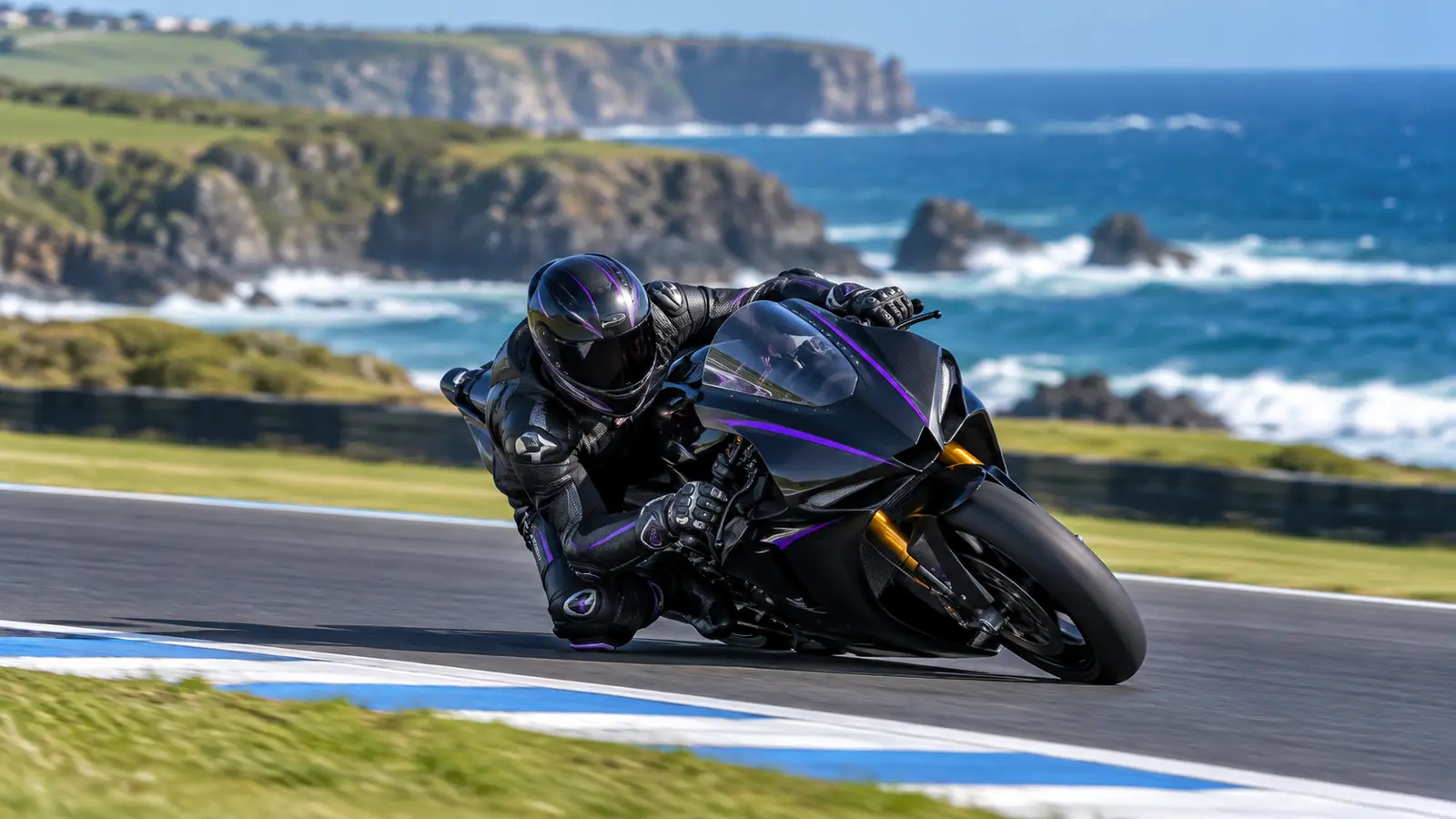Piloto de MotoGP con moto negra y violeta tumbado en una curva rápida con el mar y los acantilados de Phillip Island al fondo