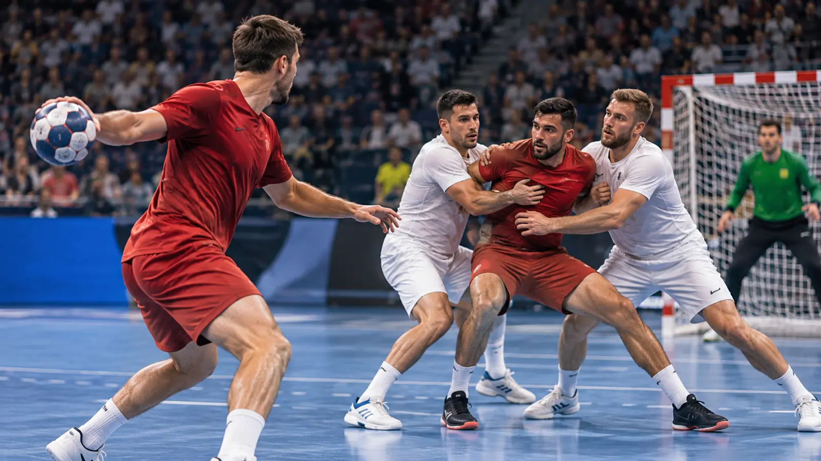 Ataque posicional en balonmano Ataque posicional de balonmano: un jugador de rojo con el balón busca el pase mientras el pivote forcejea con la defensa en la línea de seis metros