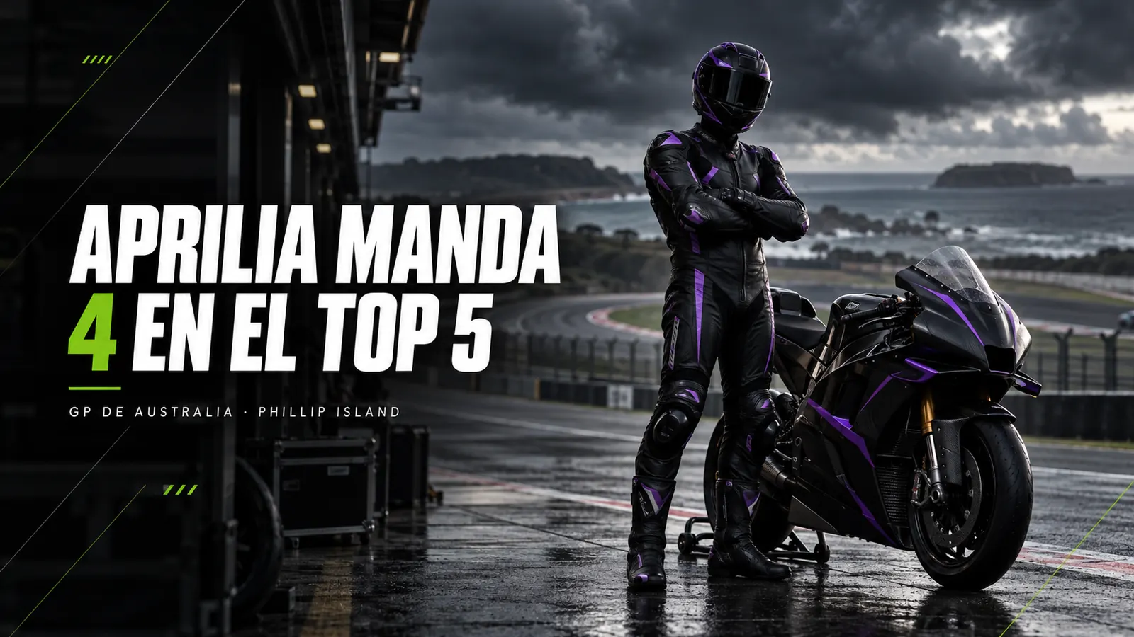 Portada: piloto con mono negro y violeta de brazos cruzados junto a su moto en el pit lane mojado de Phillip Island, junto al titular Aprilia manda, 4 en el top 5