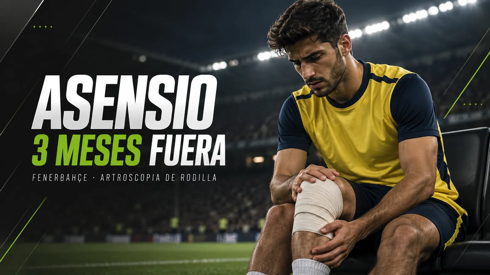 Betpoint Apuestas Deportivas 4 Portada: futbolista con camiseta amarilla y azul marino se sujeta la rodilla vendada en un estadio de noche, junto al titular Asensio 3 meses fuera