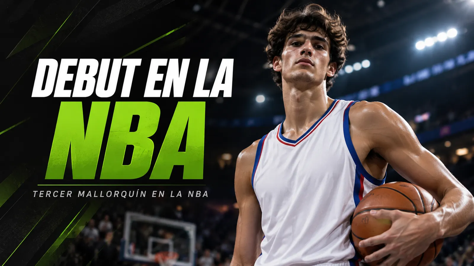 Betpoint Apuestas Deportivas 3 Portada: joven jugador de baloncesto con camiseta blanca y balón bajo el brazo en un pabellón, junto al titular Debut en la NBA