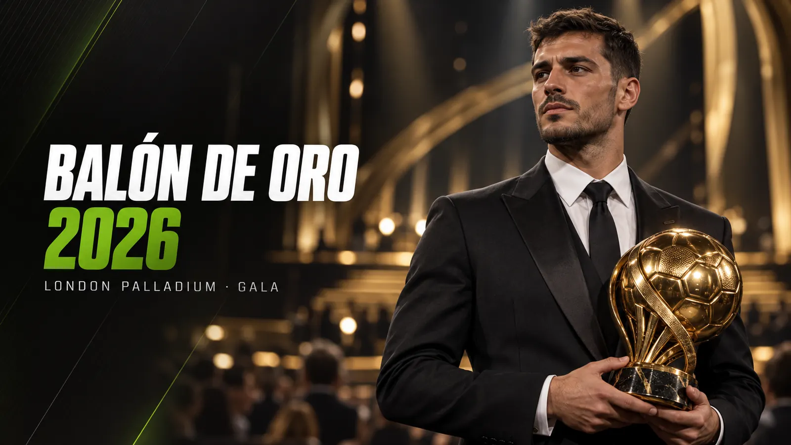 Betpoint Apuestas Deportivas 3 Portada: futbolista adulto con traje sostiene un trofeo dorado, junto al titular BALÓN DE ORO 2026