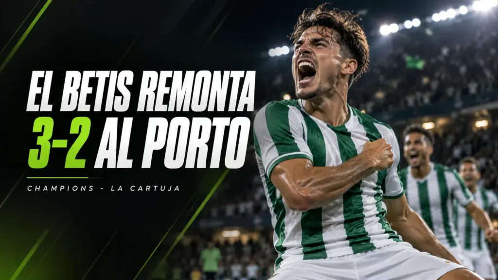 Portada deportiva: futbolista verdiblanco celebrando junto al titular El Betis remonta 3-2 al Porto