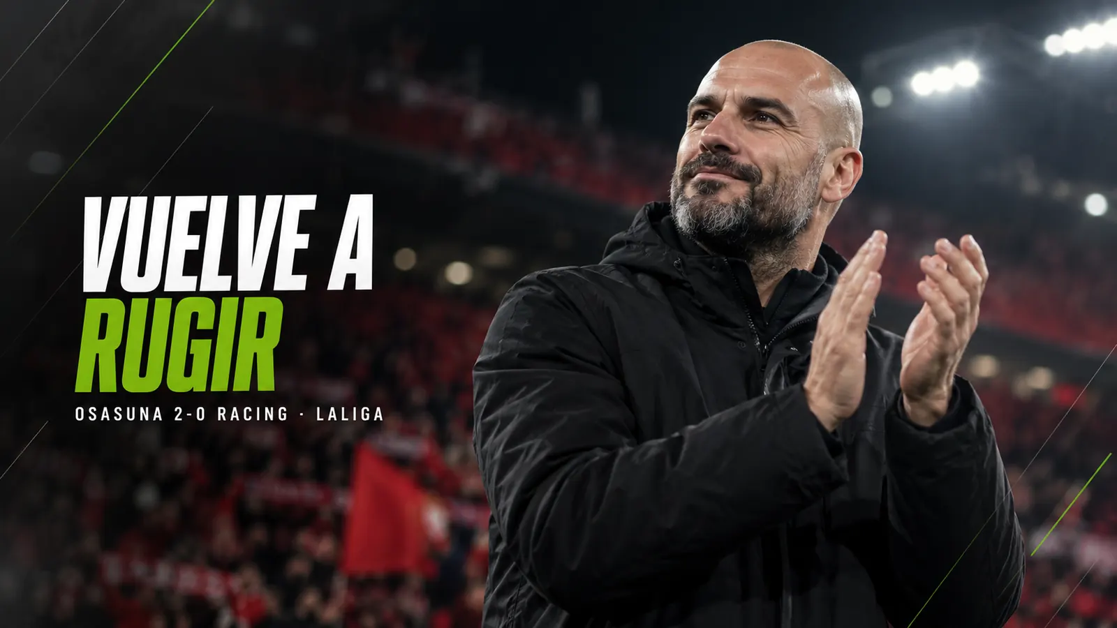 Betpoint Apuestas Deportivas 3 Portada: entrenador calvo con chaqueta negra aplaude ante una grada roja de noche, junto al titular Vuelve a rugir