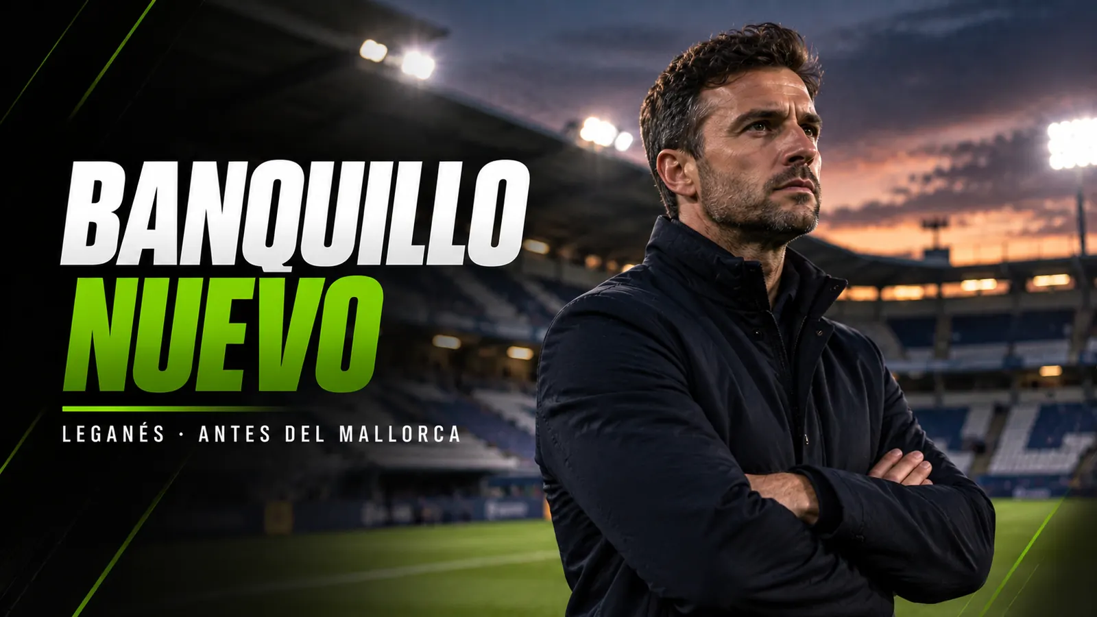 Betpoint Apuestas Deportivas 2 Portada: entrenador con chaqueta oscura y brazos cruzados en un estadio al anochecer, junto al titular Banquillo nuevo