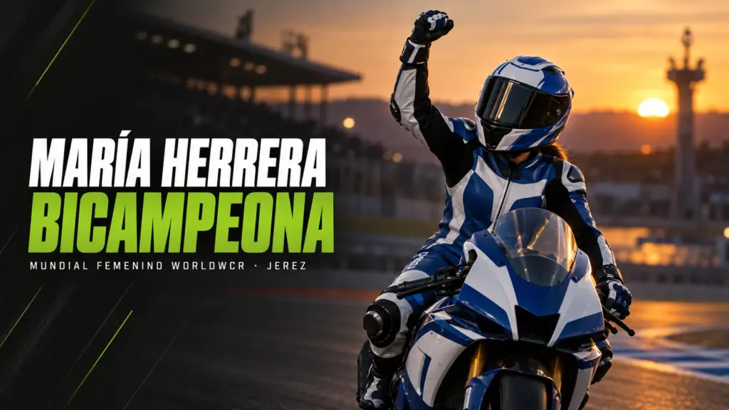 Portada: piloto con mono azul y blanco levanta el puño sobre su moto al atardecer, junto al titular María Herrera bicampeona