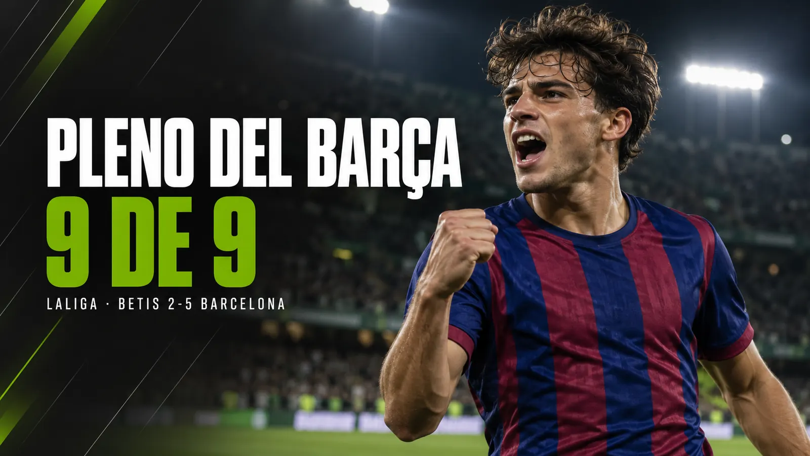 Betpoint Apuestas Deportivas 4 Portada: futbolista con camiseta azulgrana celebra con el puño cerrado en un estadio nocturno, junto al titular Pleno del Barça 9 de 9