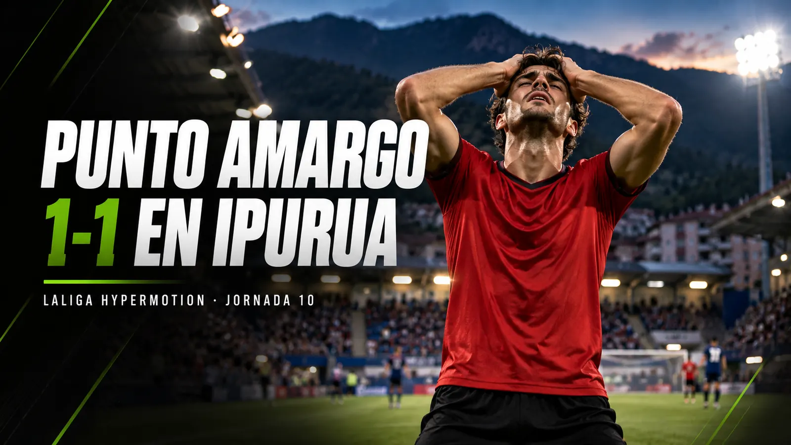 Betpoint Apuestas Deportivas 2 Portada: futbolista con camiseta roja se lleva las manos a la cabeza en un estadio entre montañas, junto al titular Punto amargo 1-1 en Ipurua