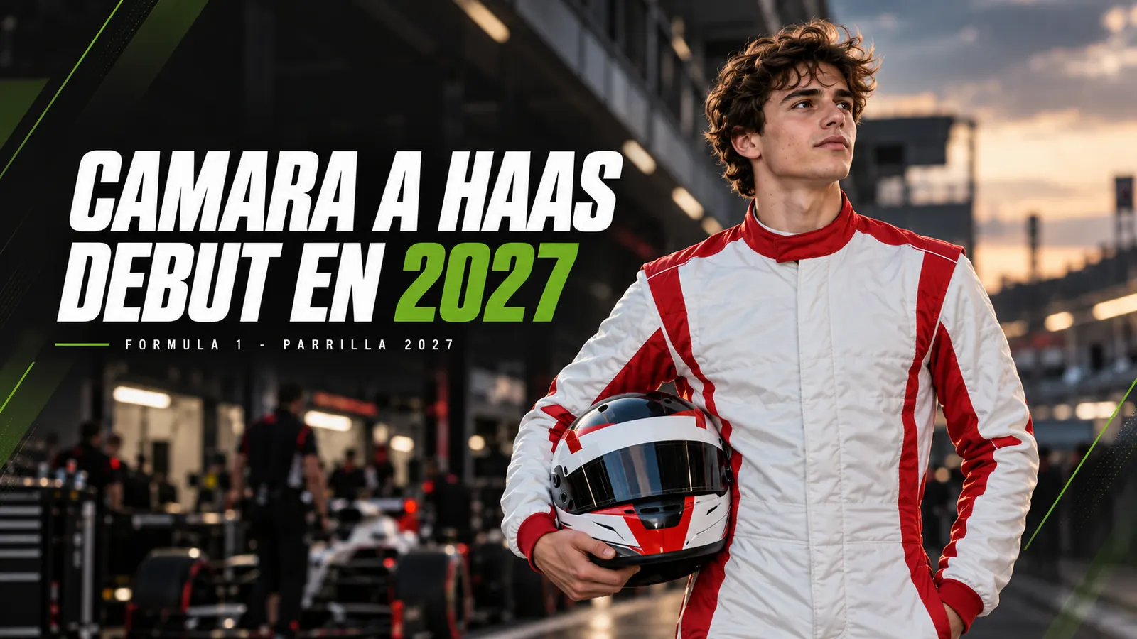 Betpoint Apuestas Deportivas 4 Portada deportiva: joven piloto de Fórmula 1 junto al titular Camara a Haas, debut en 2027
