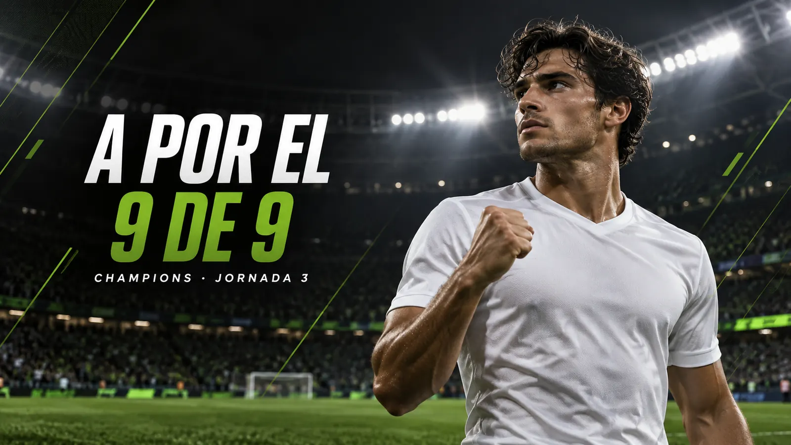 Betpoint Apuestas Deportivas 4 Portada: futbolista con camiseta blanca y puño cerrado en un estadio iluminado, junto al titular A por el 9 de 9
