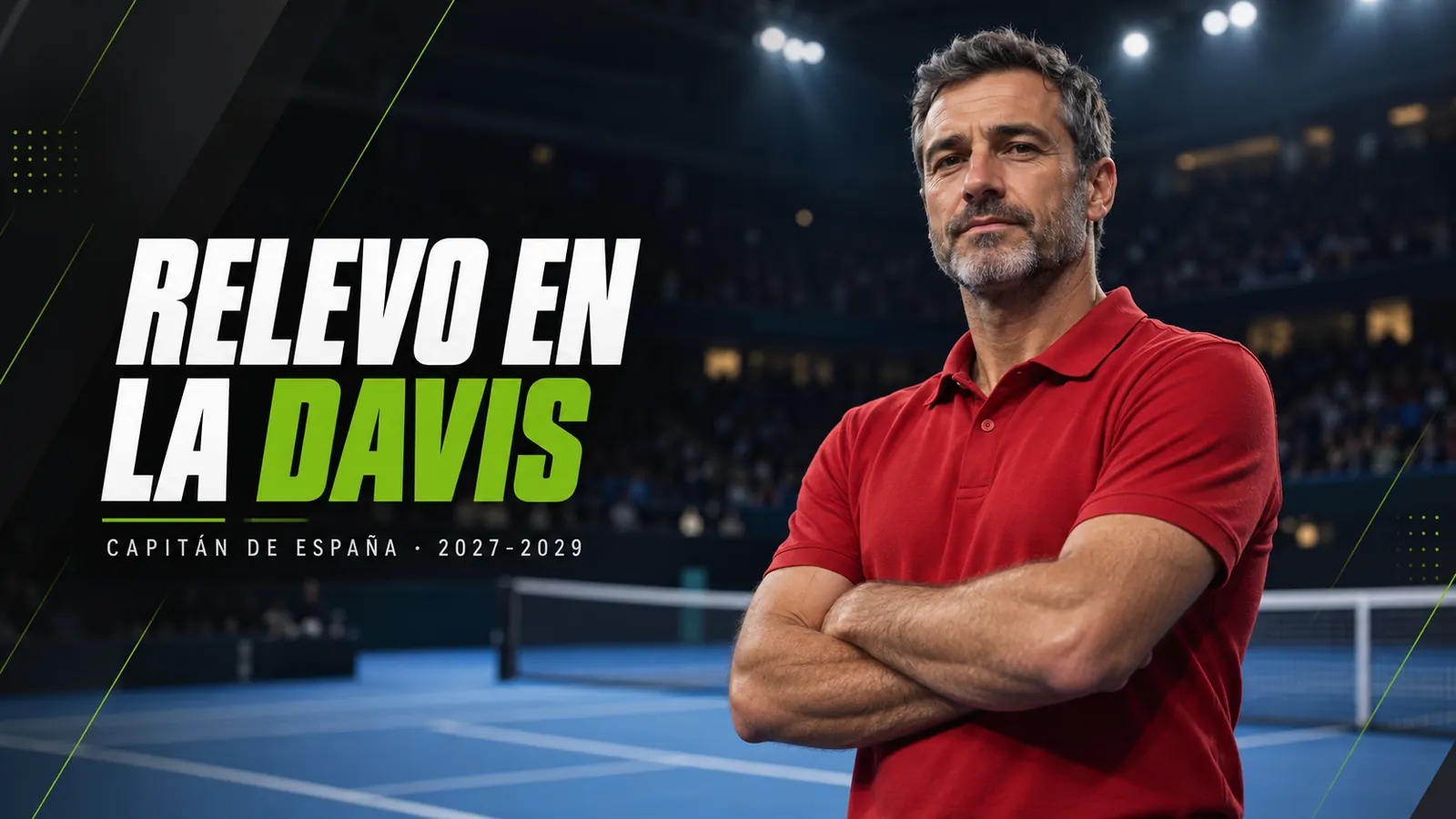 Betpoint Apuestas Deportivas 3 Portada: capitán de tenis con polo rojo y brazos cruzados en un pabellón, junto al titular Relevo en la Davis