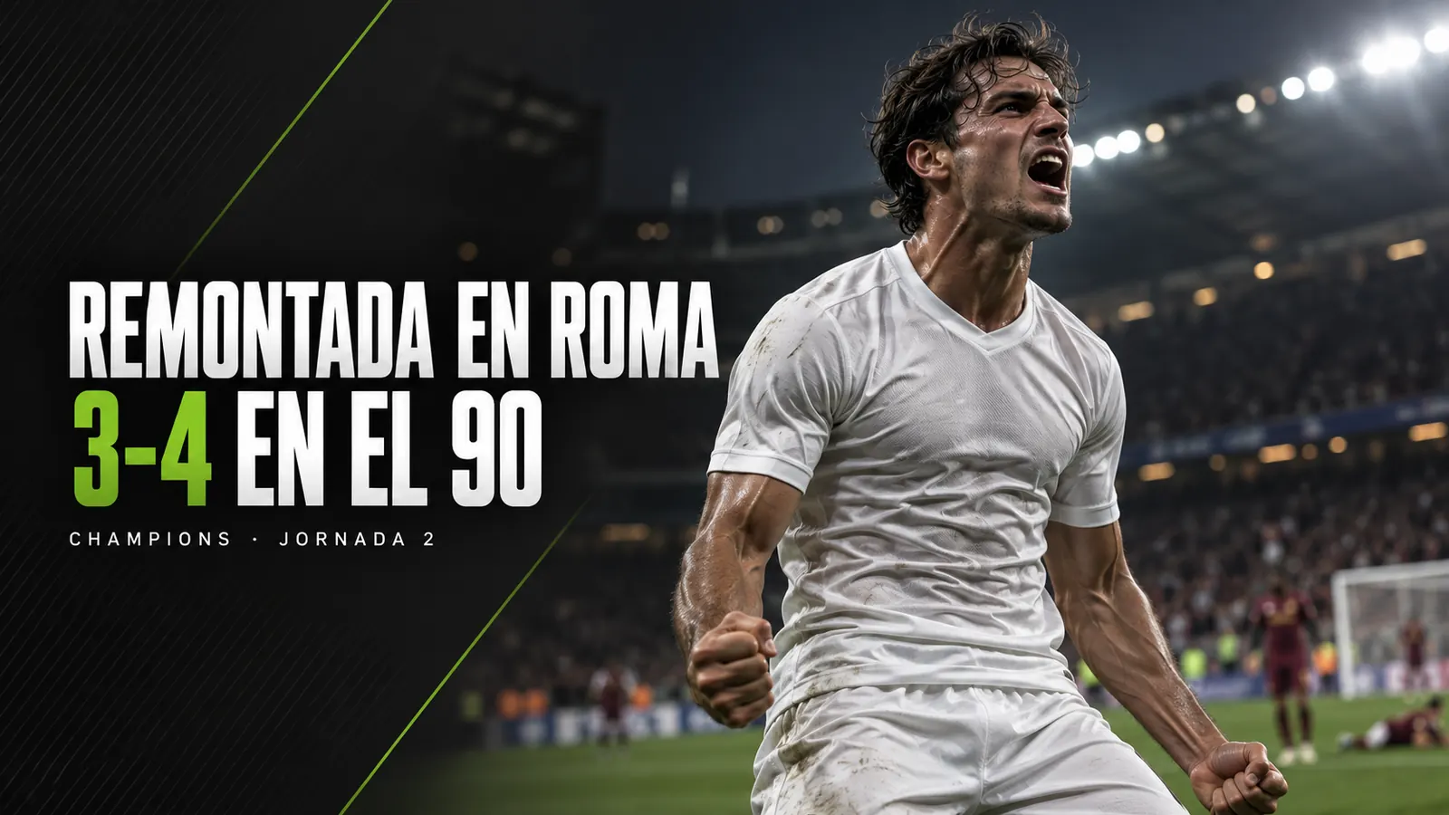 Betpoint Apuestas Deportivas 4 Portada: futbolista de blanco celebrando un gol sobre fondo oscuro, junto al titular Remontada en Roma 3-4 en el 90.