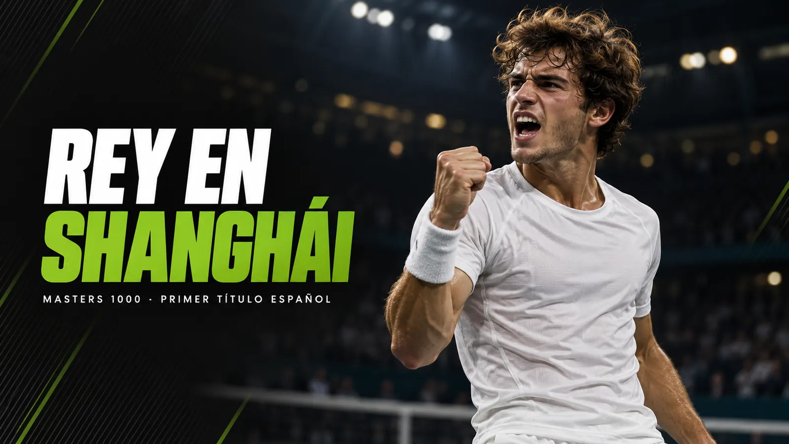 Betpoint Apuestas Deportivas 4 Portada: tenista con ropa blanca celebra con el puño en alto en un estadio de noche, junto al titular Rey en Shanghái