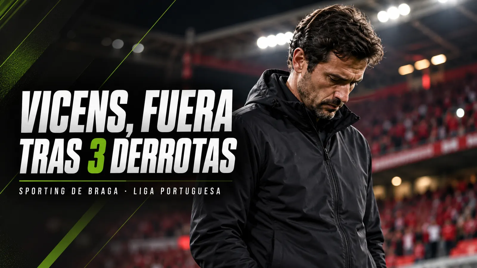Betpoint Apuestas Deportivas 3 Portada: entrenador con chaqueta oscura cabizbajo en un estadio de gradas rojas, junto al titular Vicens, fuera tras 3 derrotas