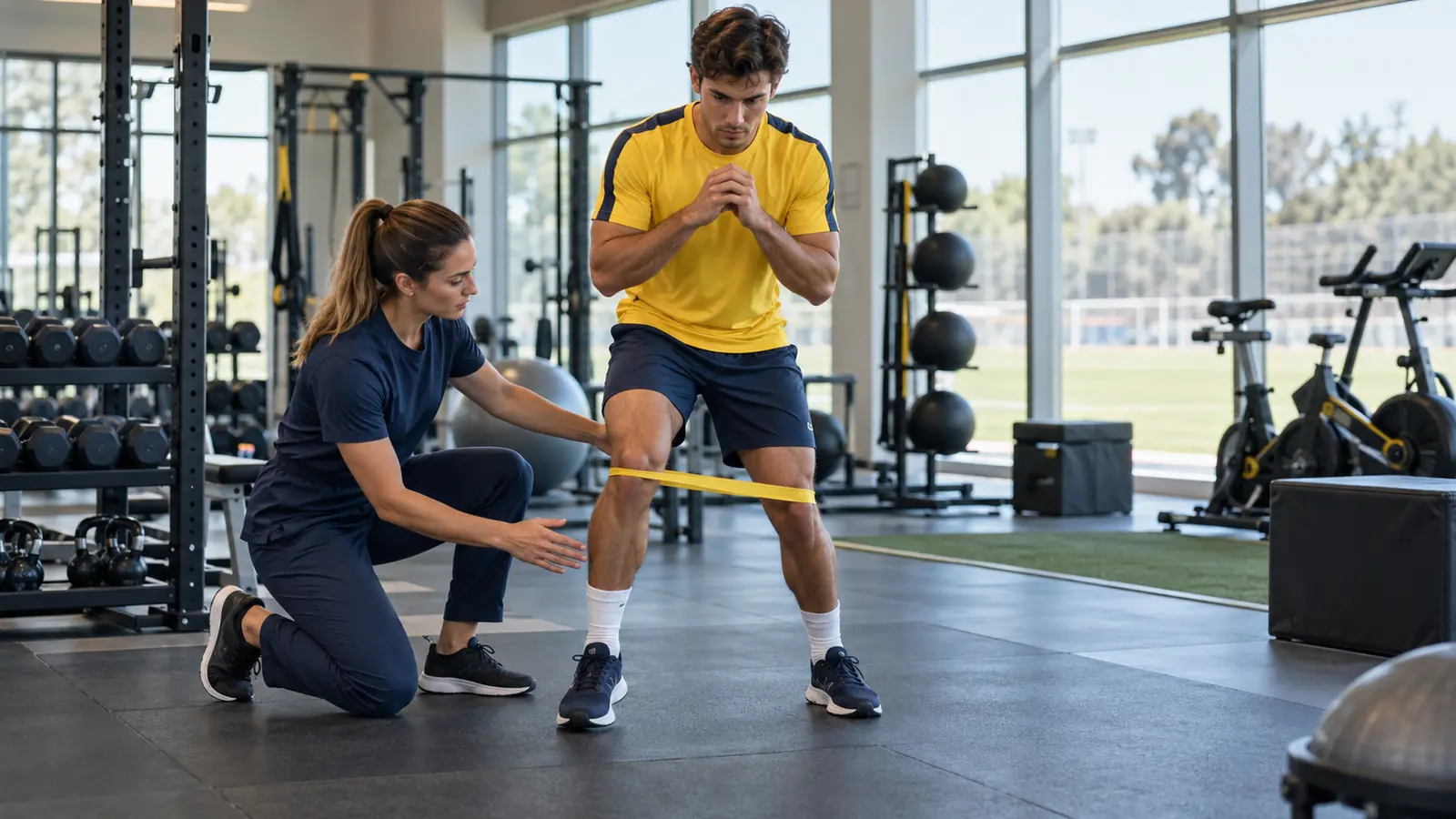 Futbolista hace ejercicios de rehabilitación de rodilla con una banda elástica junto a una fisioterapeuta en el gimnasio del club