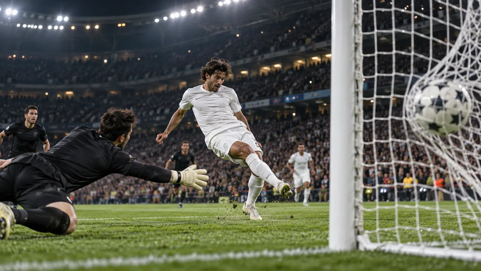 Un delantero con equipación blanca remata a puerta ante el portero rival en un estadio iluminado de noche durante el Clásico