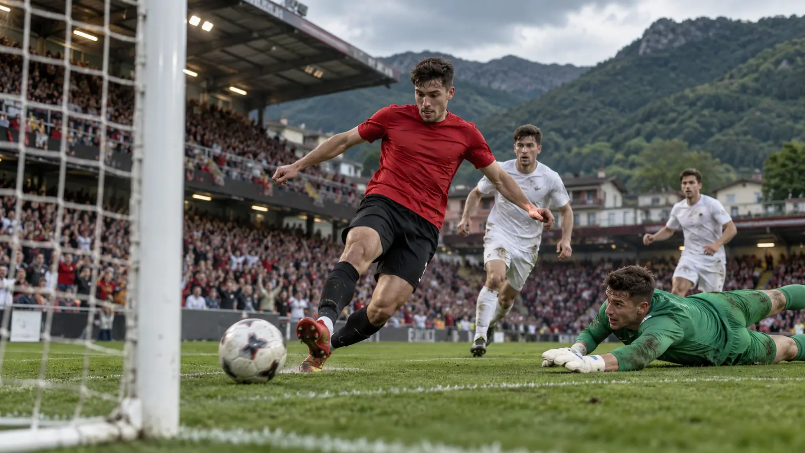 Delantero con camiseta roja remata a gol en el área pequeña ante el portero caído en un estadio encajonado entre montañas, como el gol de Adri Fuentes en Ipurua