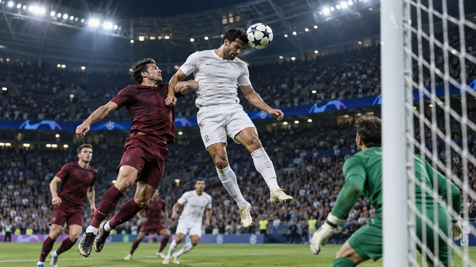 Un delantero con equipación blanca remata de cabeza en el área ante un defensa de granate y el portero, en un estadio europeo de noche.