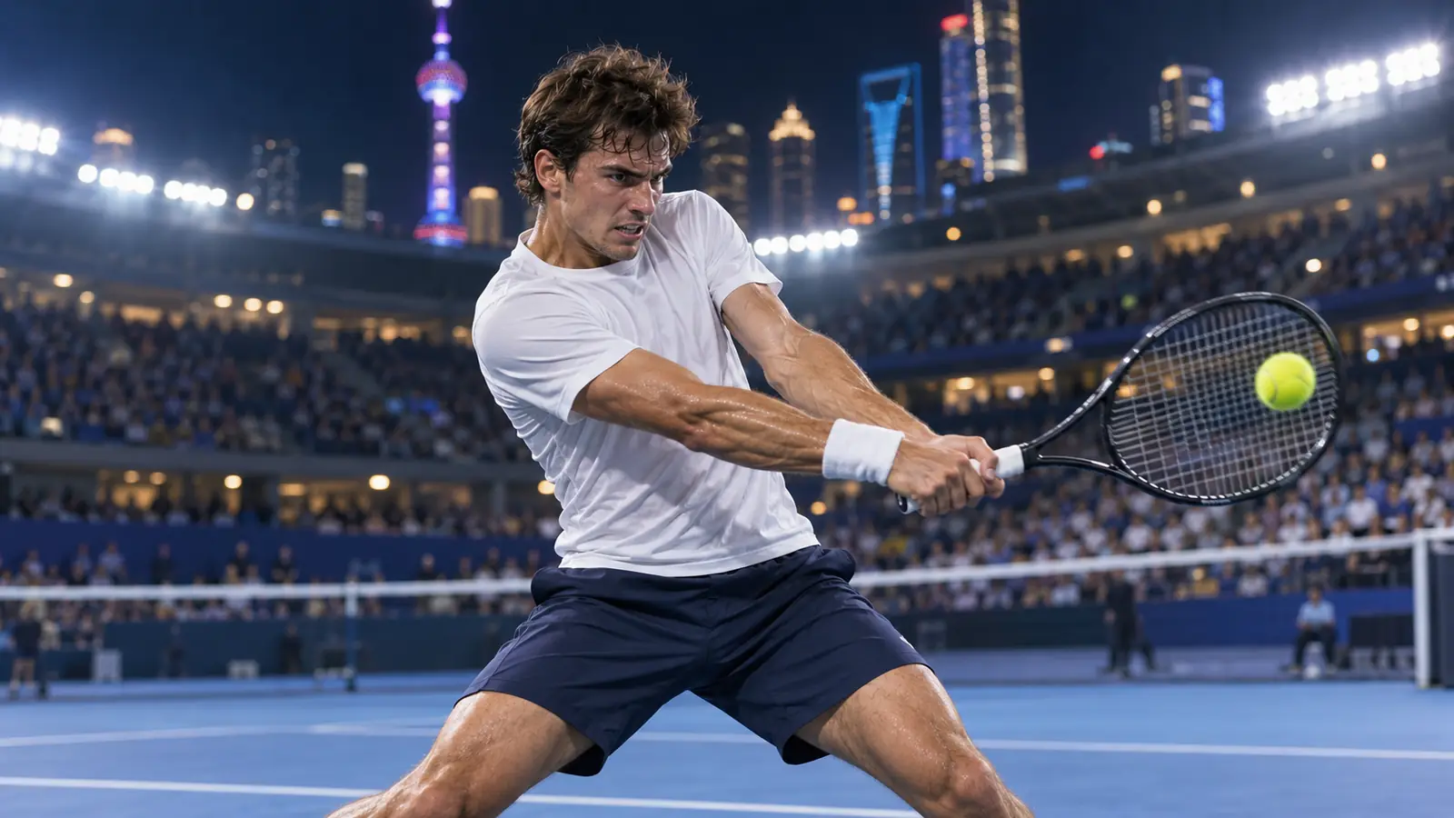 Tenista golpea un revés a dos manos en una pista azul iluminada de noche durante el tie-break de la final de Shanghái