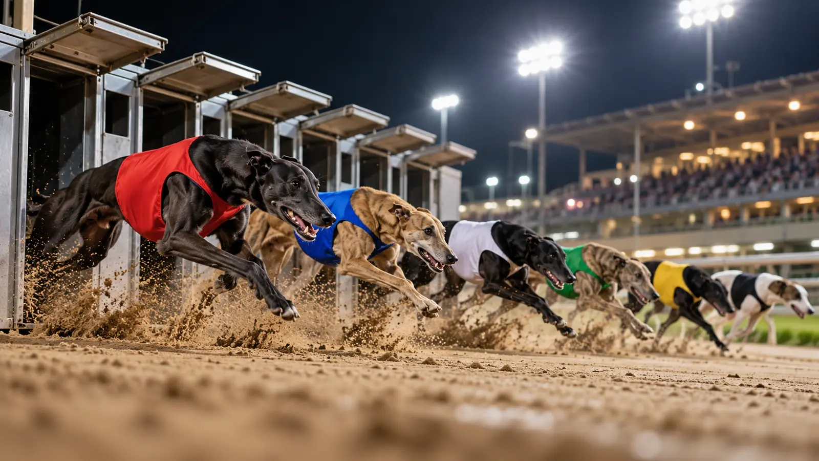 Galgos con mantas de colores saltan de los cajones de salida hacia la pista de arena de un canódromo iluminado de noche