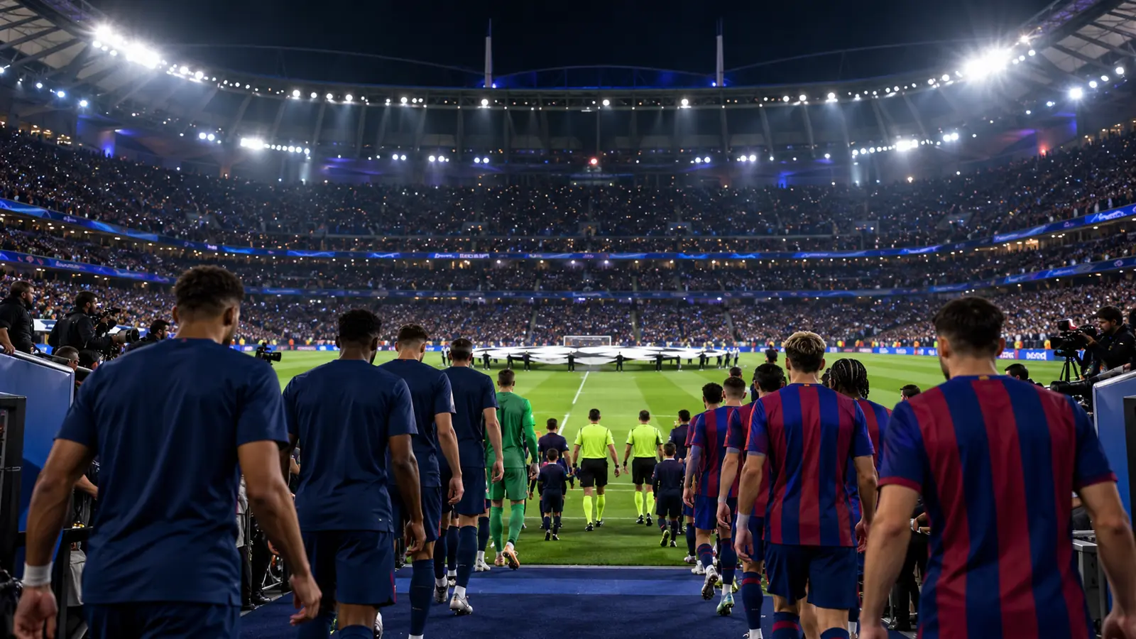 Salida de los equipos en una noche europea en París Jugadores con camisetas azul marino y azulgrana salen del túnel al césped de un estadio lleno antes del PSG - Barcelona de Champions