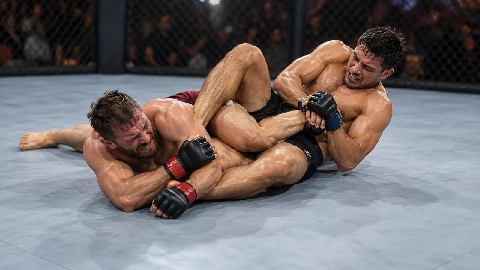 Dos luchadores de MMA en el suelo del octágono, uno intenta una llave de brazo y el otro se defiende