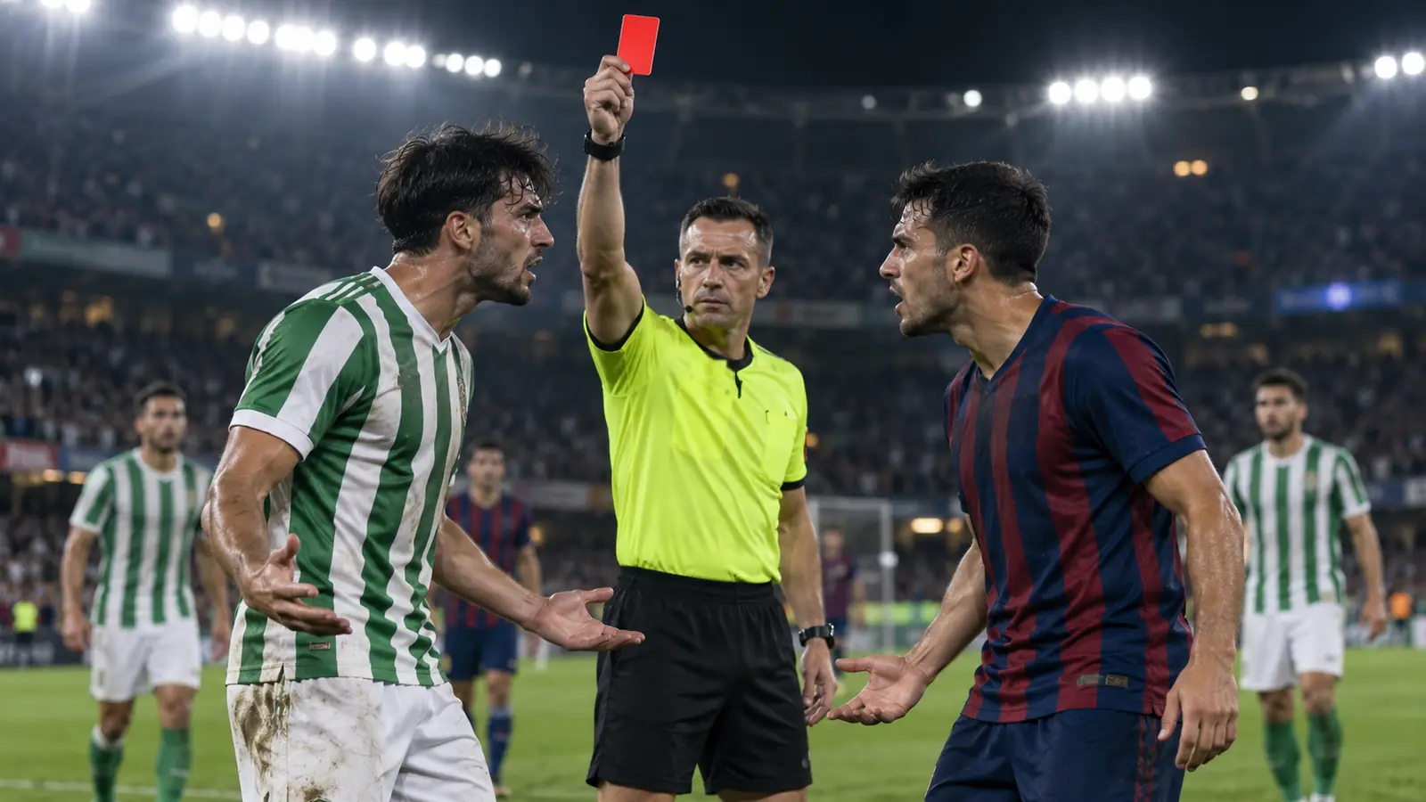 Tarjeta roja tras la tangana del Betis-Barcelona Árbitro muestra tarjeta roja entre un jugador con camiseta verdiblanca y otro azulgrana que discuten en el césped, como la expulsión de Bernal en el Betis-Barcelona