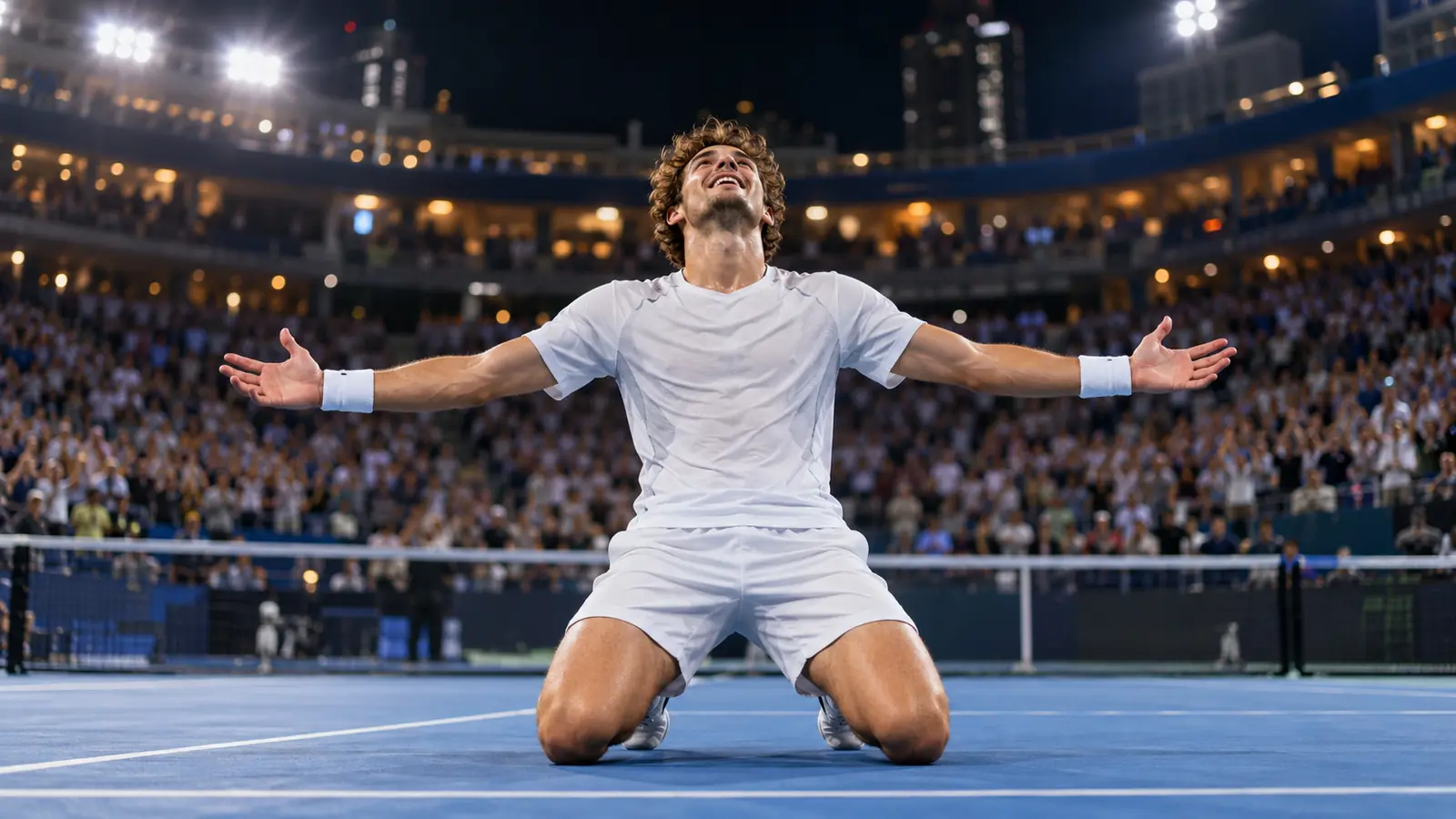 Tenista de rodillas con los brazos abiertos en una pista dura azul tras ganar la final del Masters 1000 de Shanghái