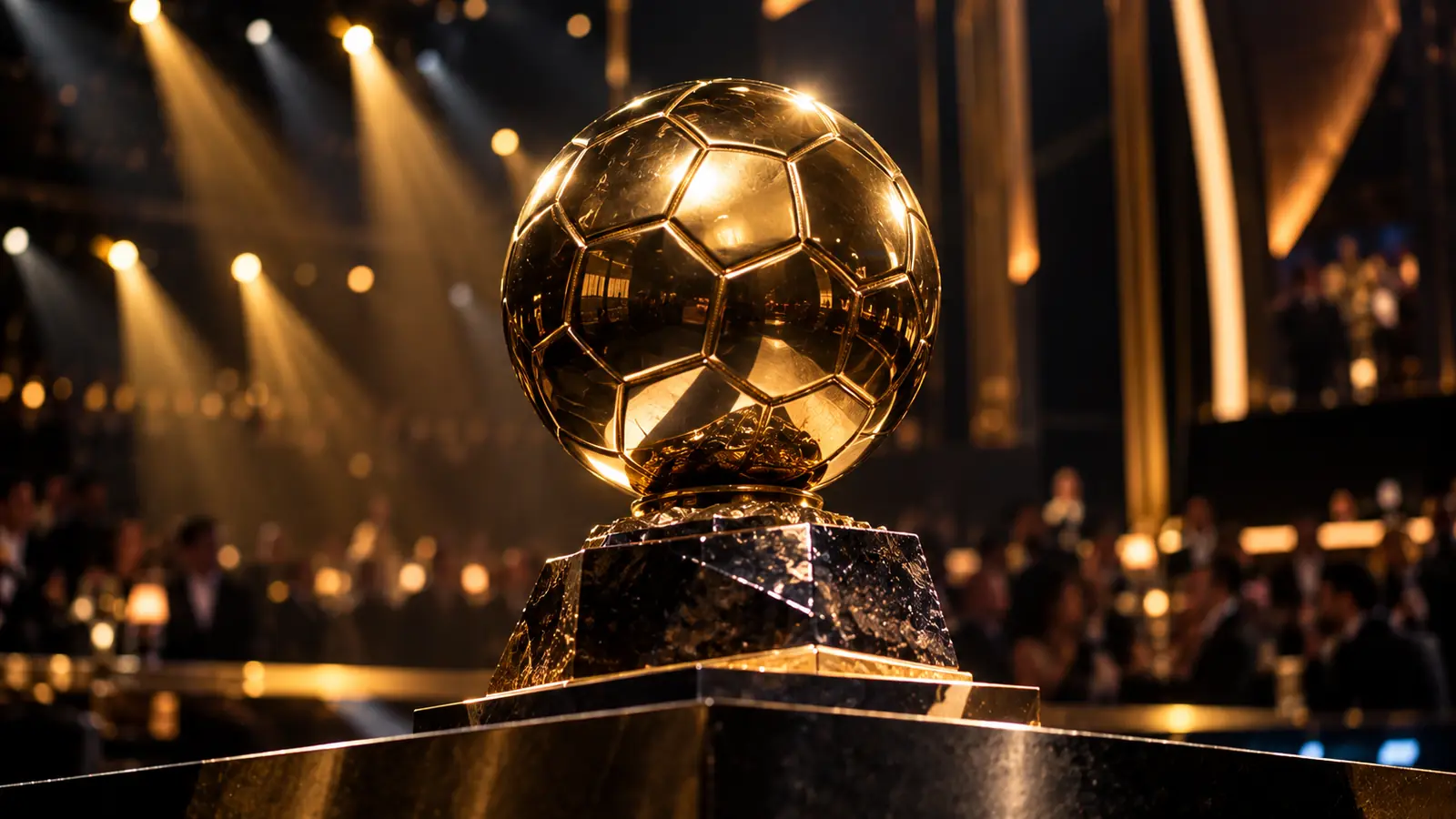 Trofeo dorado de fútbol iluminado sobre un escenario de gala oscuro, evocando la ceremonia del Balón de Oro