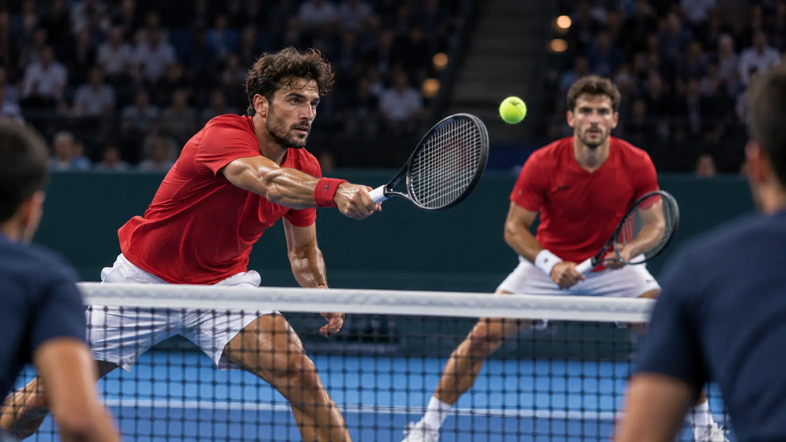 Pareja de dobles con camisetas rojas en la red, uno de ellos ejecutando una volea de revés en una pista cubierta